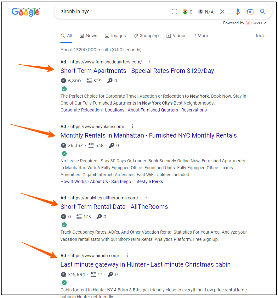 Search ads for "Airbnb in NYC"