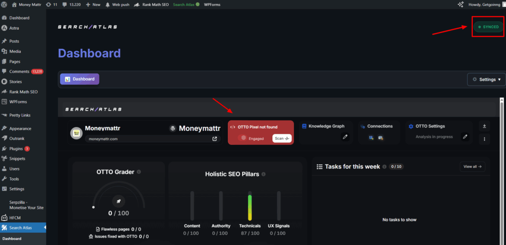 Search Atlas's SEO Automation tool setup on WordPress website - MoneyMattr.com