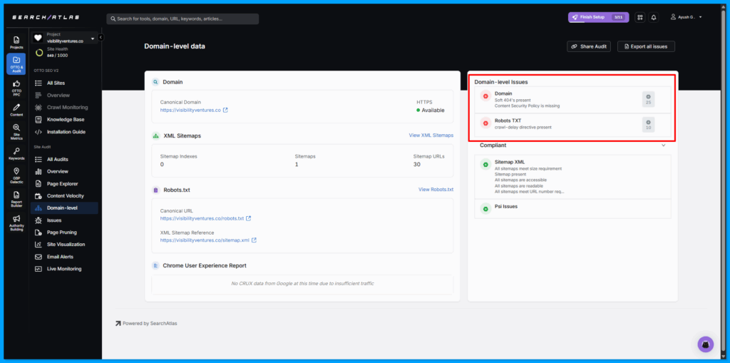Domain Level Data in Site Audit by Search Atlas