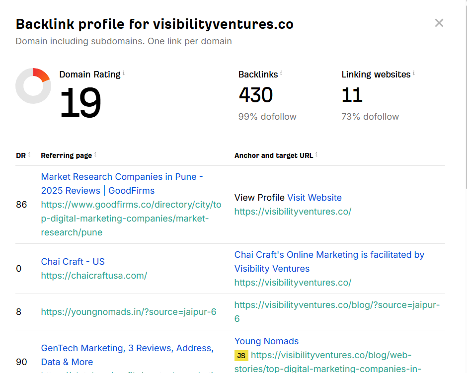 Backlink Profile scan of Visibility Ventures using Ahrefs for free