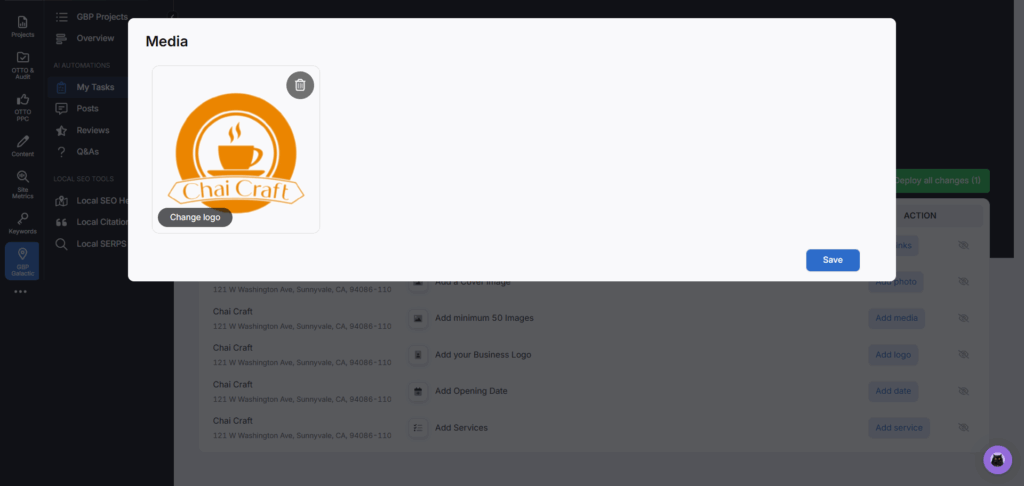 Uploaded logo of chai craft on GBP from Search Atlas