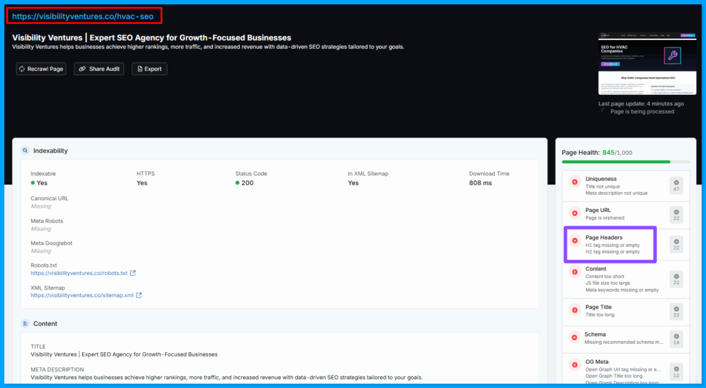 Issues in Individual page identified by Site Audit function of Search Atlas tool.