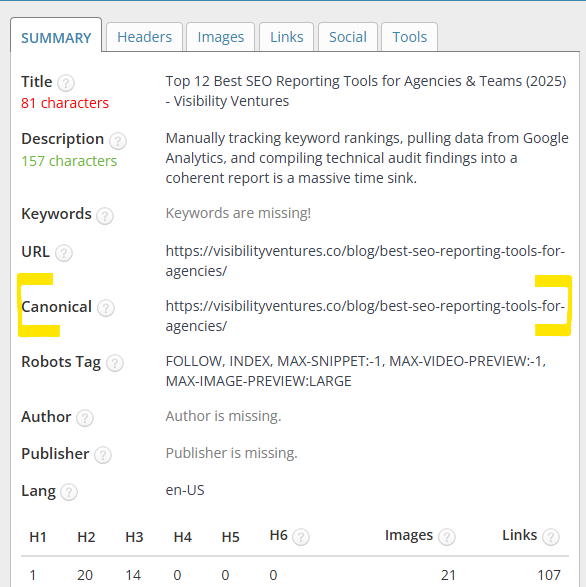 Canonical URL of one of Visibility Ventures blog