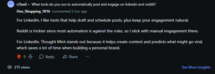 Reddit Comment where I talk about thoughtmint.ai